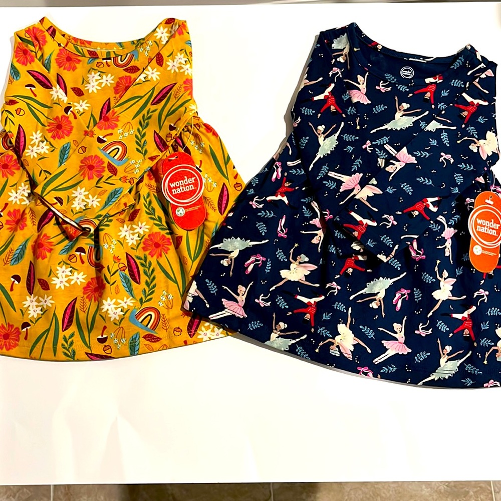 Wonder Nation Bundle of 2 12M Baby Girl Long Sleeve Dresses with Pockets
